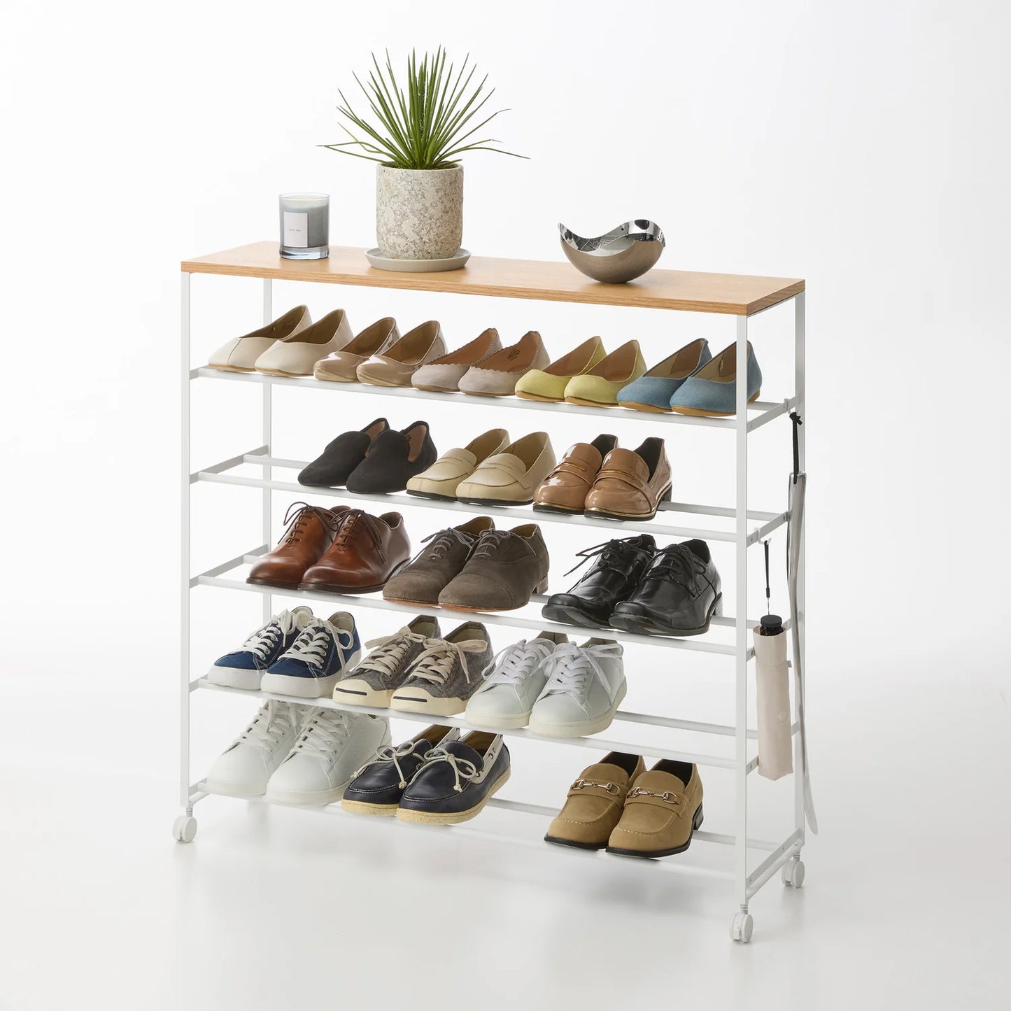 GLIXO | Rolling Five-Tier Shoe Rack (" H) - Steel + Wood