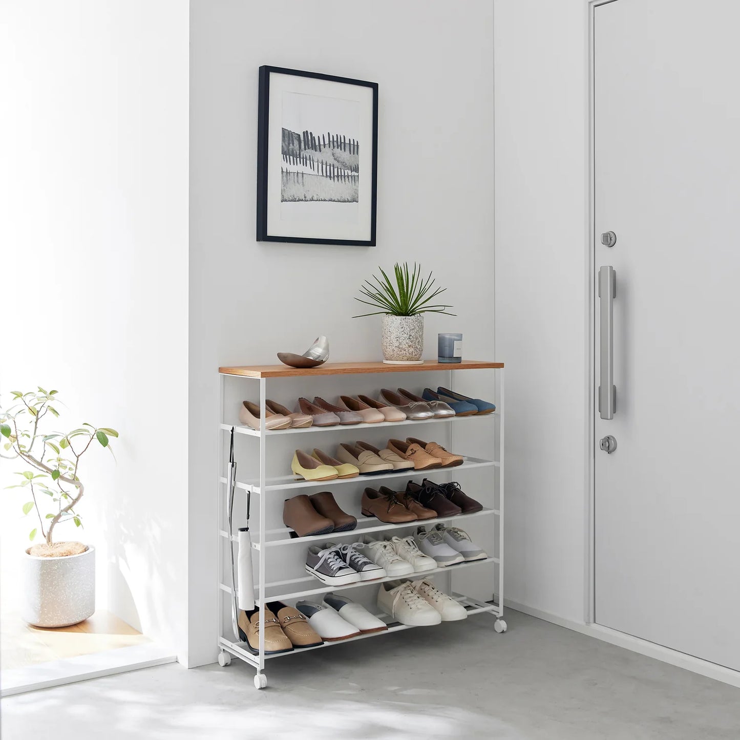 GLIXO | Rolling Five-Tier Shoe Rack (" H) - Steel + Wood