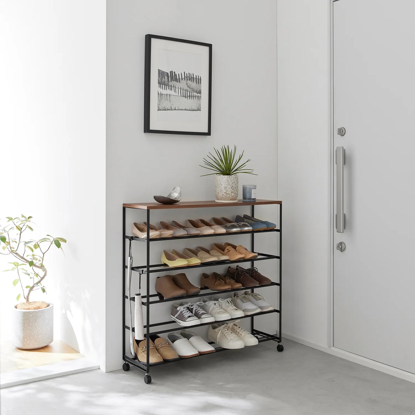 GLIXO | Rolling Five-Tier Shoe Rack (" H) - Steel + Wood