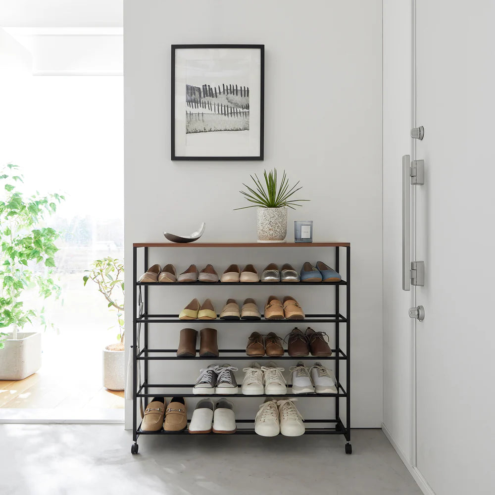 GLIXO | Rolling Five-Tier Shoe Rack (" H) - Steel + Wood