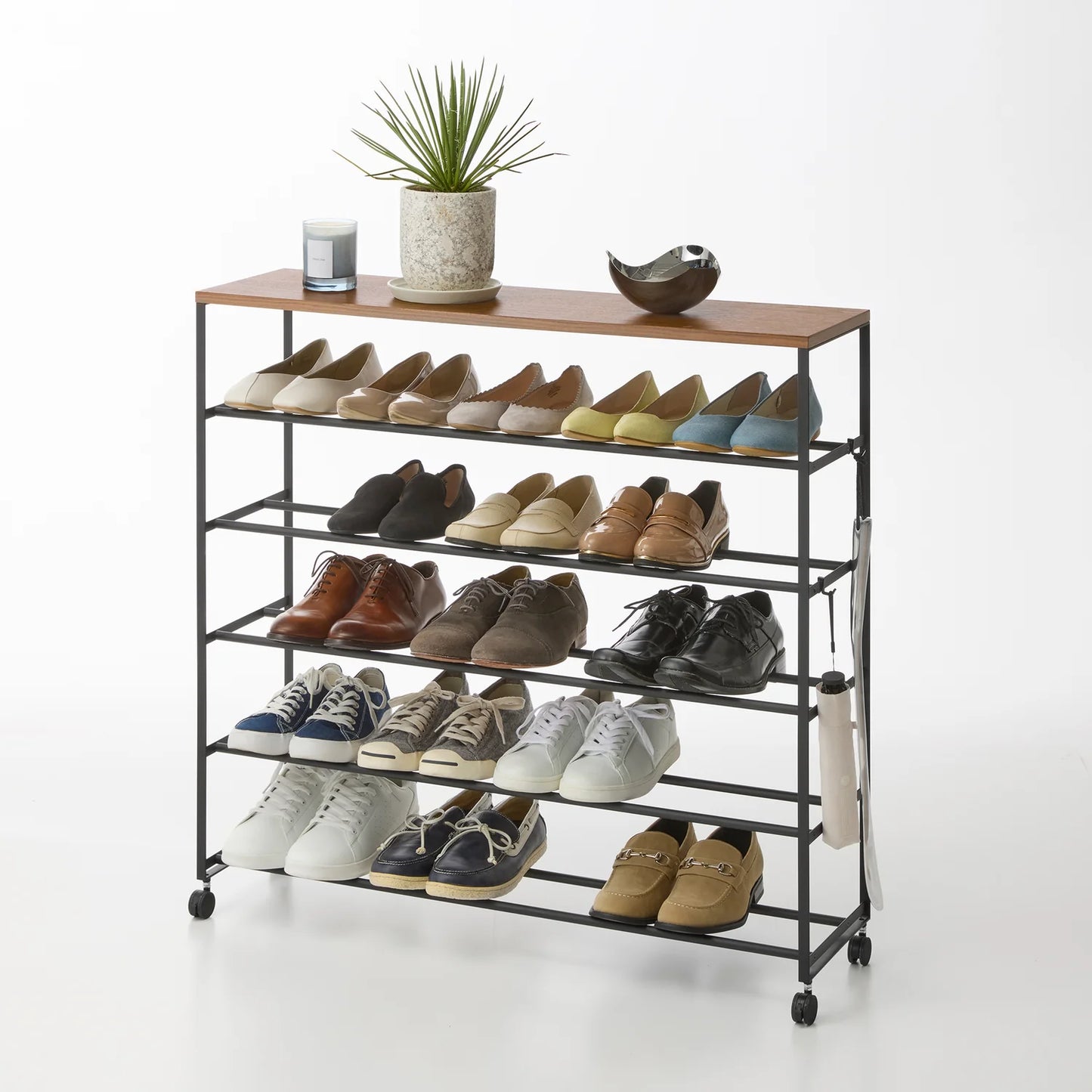 GLIXO | Rolling Five-Tier Shoe Rack (" H) - Steel + Wood