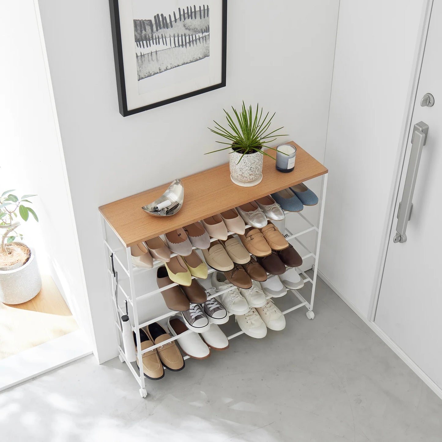 GLIXO | Rolling Five-Tier Shoe Rack (" H) - Steel + Wood